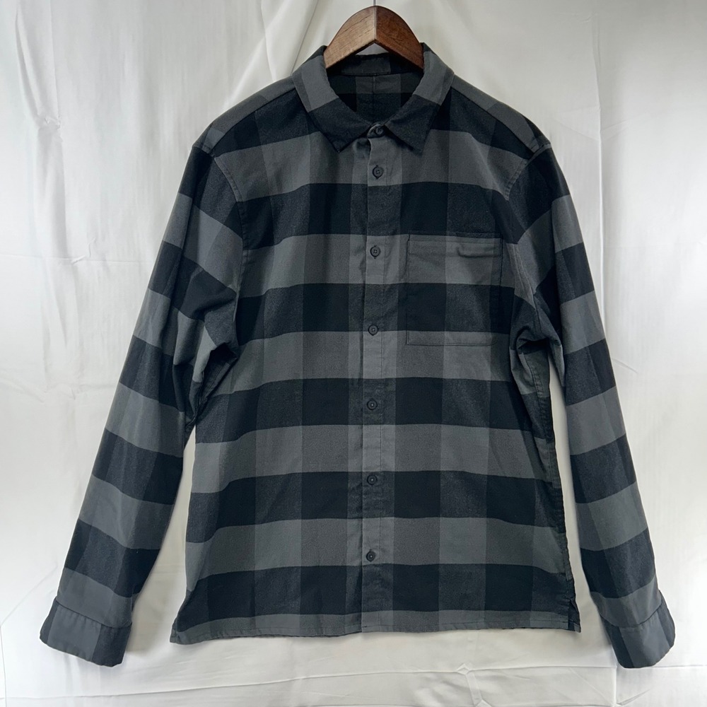 Lululemon Button Up Shirt Mens Large Grey Black Buffalo Plaid Long Sleeve